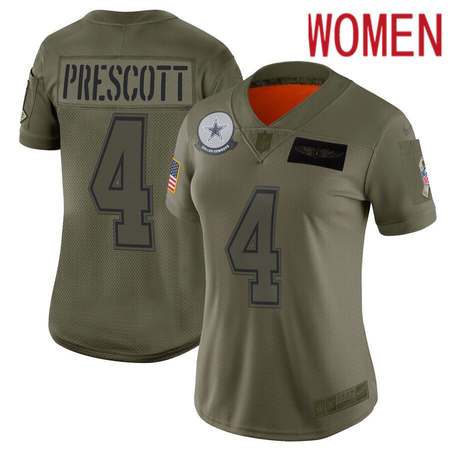 Women Dallas cowboys #4 Prescott Green Nike Olive Salute To Service Limited NFL Jerseys->women nfl jersey->Women Jersey